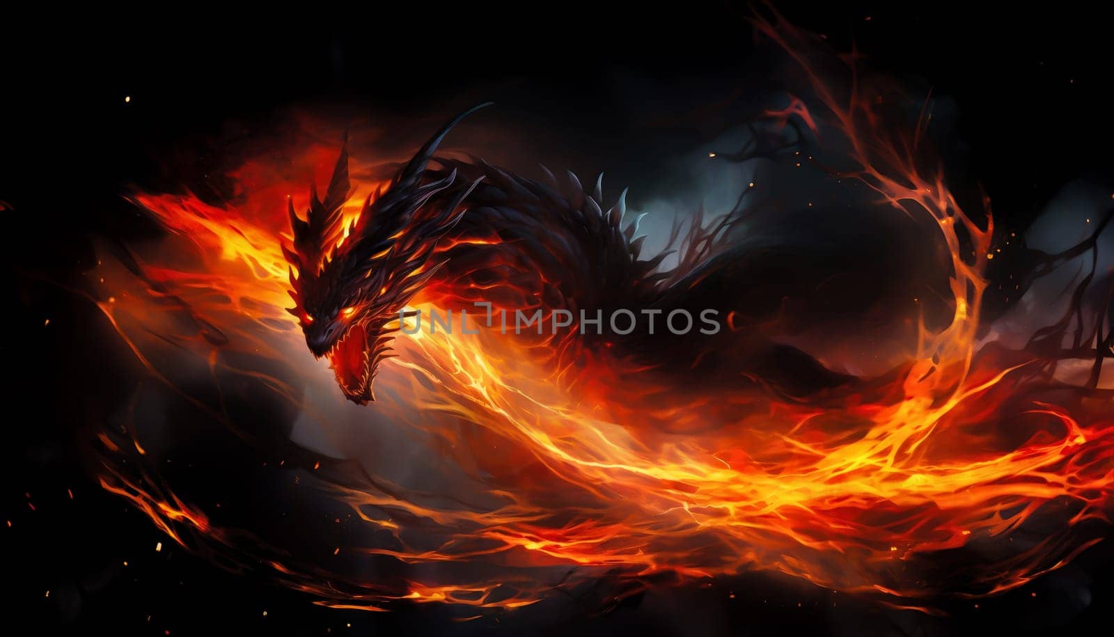 Fiery demon. Mystical monster in fire on dark background.  by palinchak