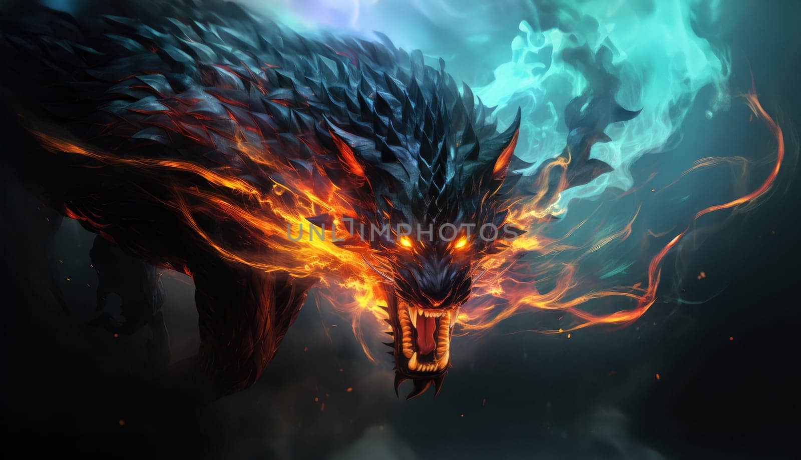 Fiery demon. Mystical monster in fire on dark background.  by palinchak