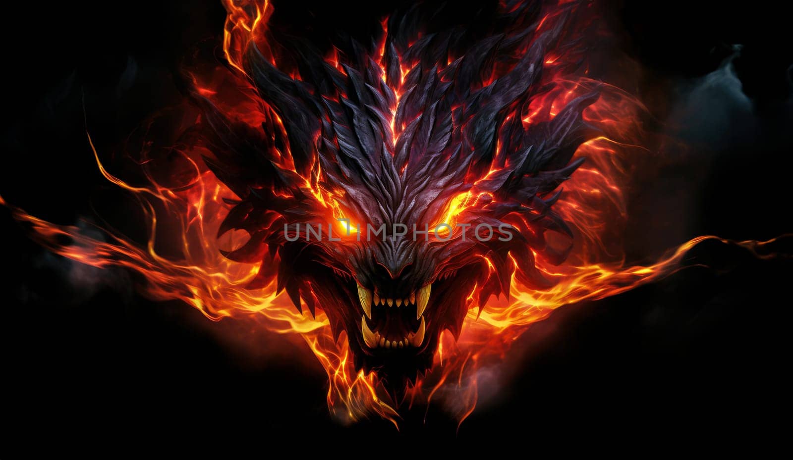 Fiery demon. Mystical monster in fire on dark background.  by palinchak