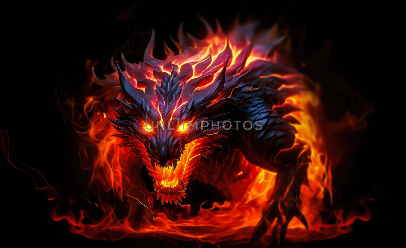 Fiery demon. Mystical monster in fire on dark background.  by palinchak