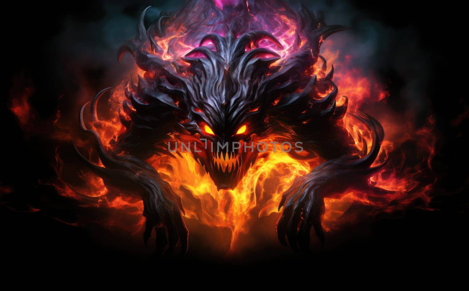 Fiery demon. Mystical monster in fire on dark background. A horrible creature from a nightmare.