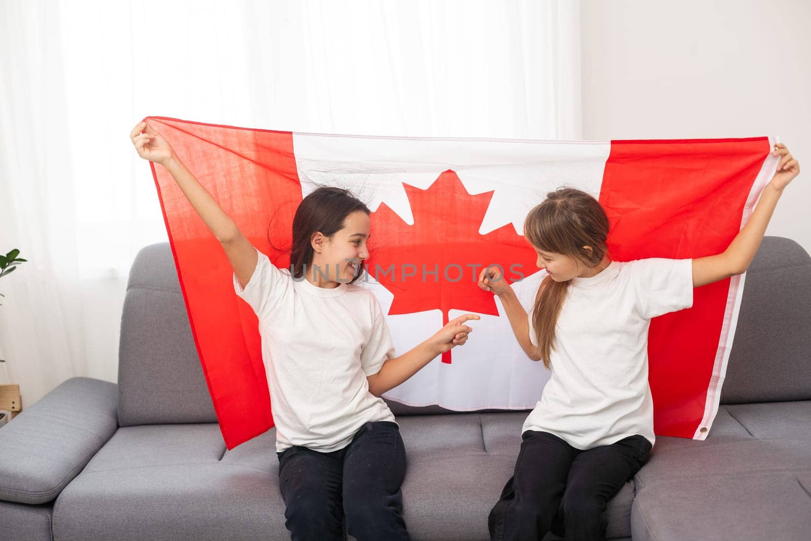 Two sisters are sitting on a couch at home with canadian flags on hands. Canada children girls with flag . High quality photo