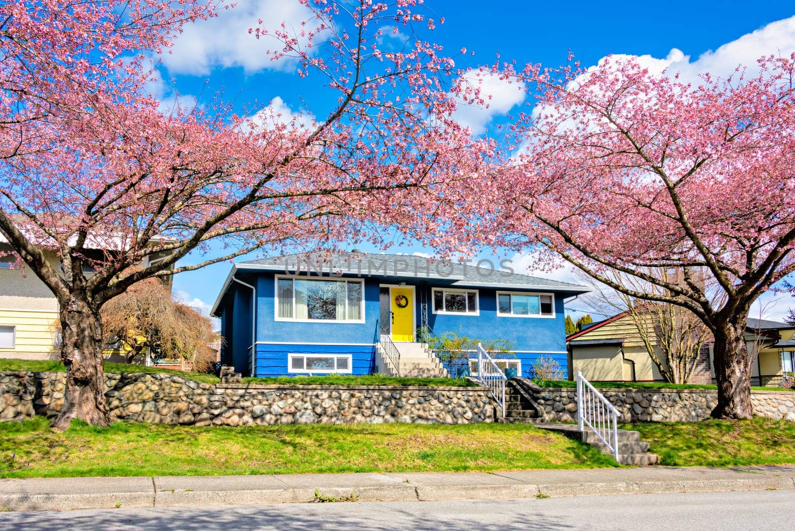 Average single family house with pathway to the entrance over the front yard on the land terrace.