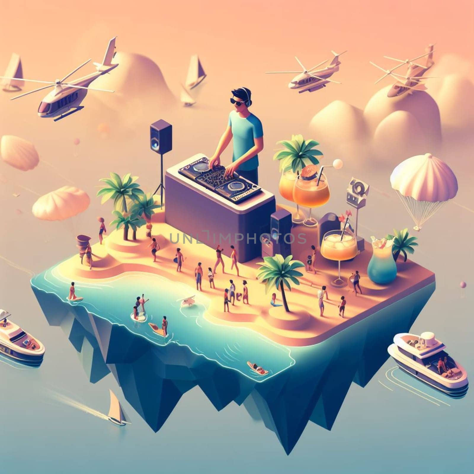 young deejay, wear glasses earphone hosting dj set at crowded beach party tropical island isometric ai generative ai art