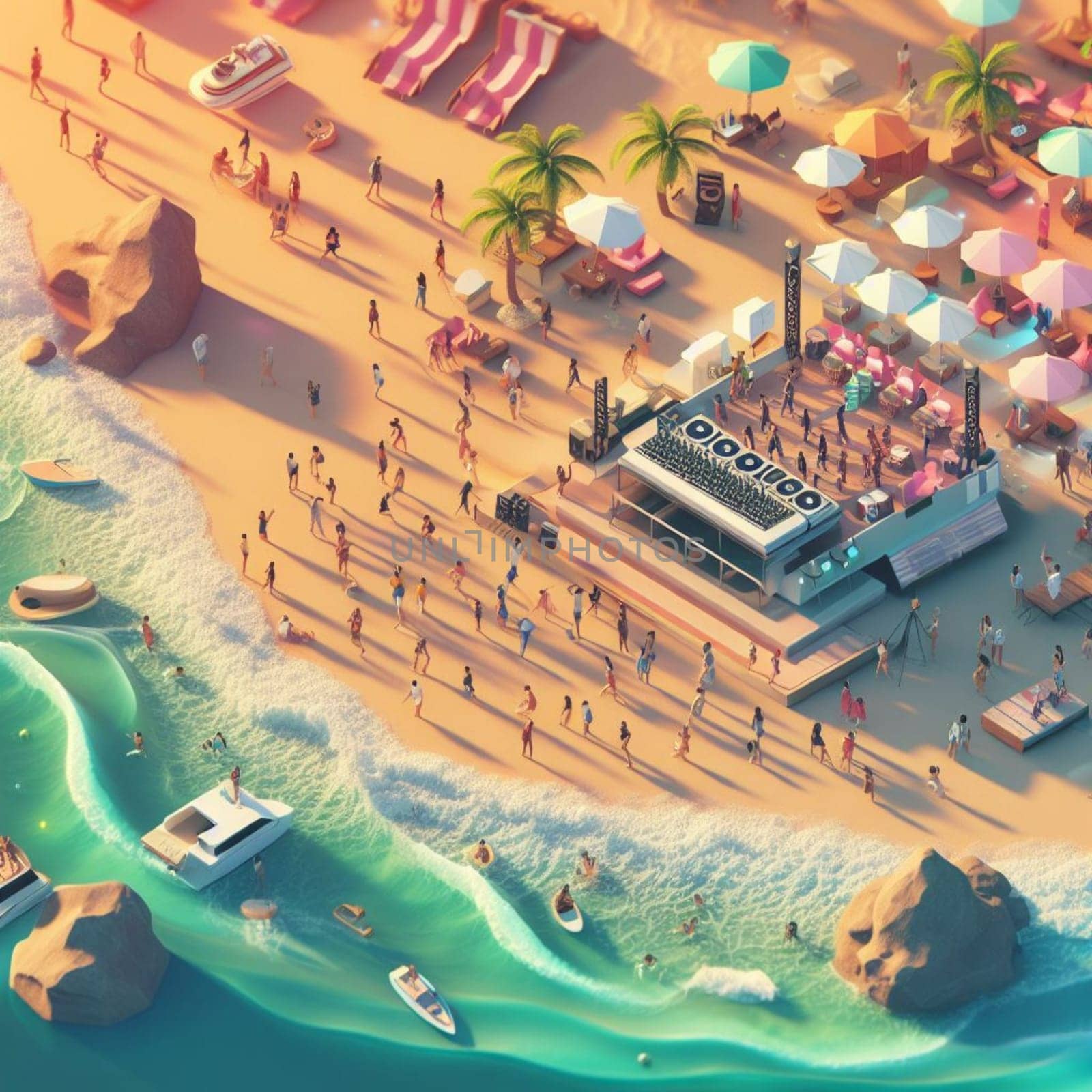 people having fun in the beach, isometric view, sea waves, 3d illustration generative ai art