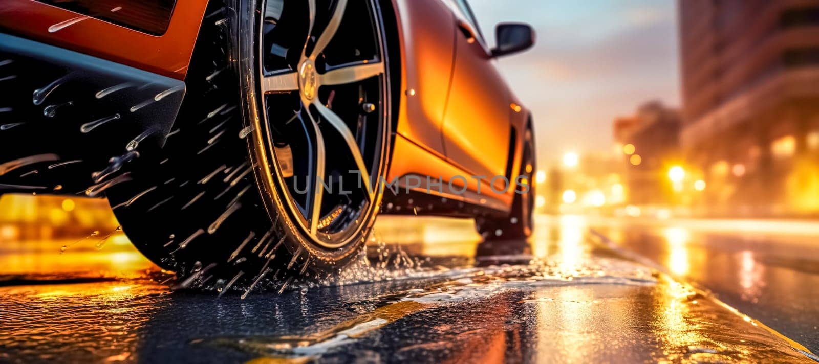 sleek car's tire on a wet road, with water splashing around as it moves, reflecting the city lights in the evening by Edophoto