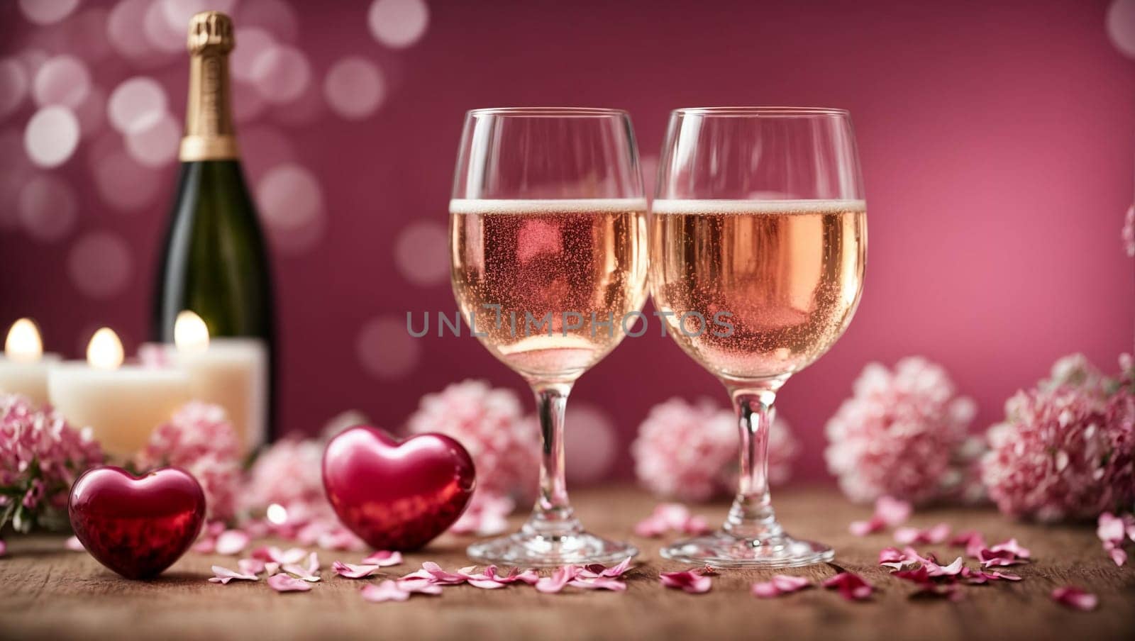 Champagne two glasses and hearts on pink background