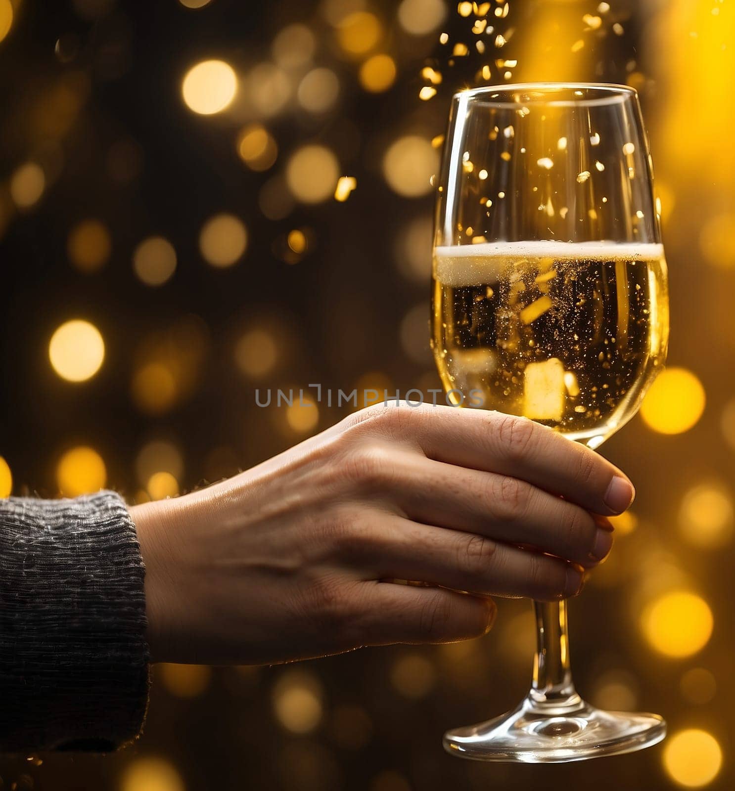 Christmas champagne glass in hand on dark yellow magic background