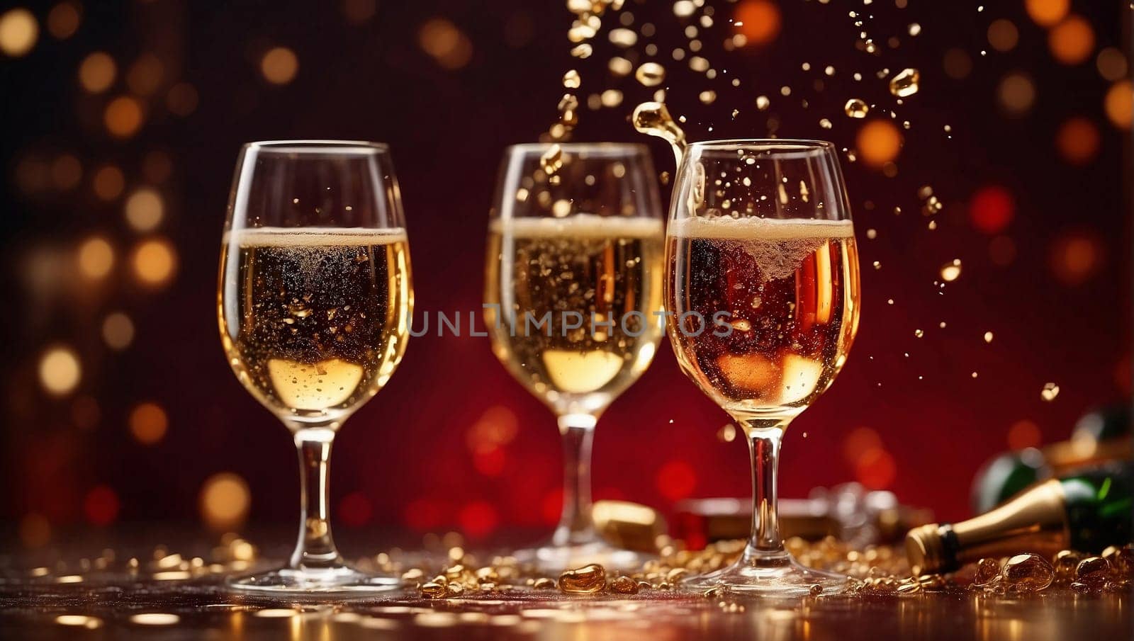 Three glasses and champagne splashes on a dark background by Севостьянов