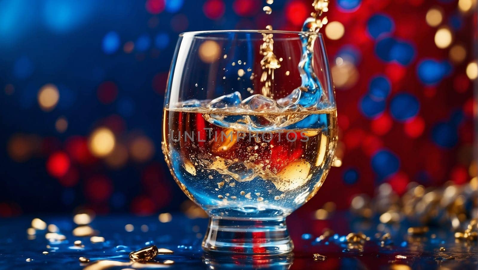 Champagne splashing from a Christmas glass on a dark red and blue magical background by Севостьянов