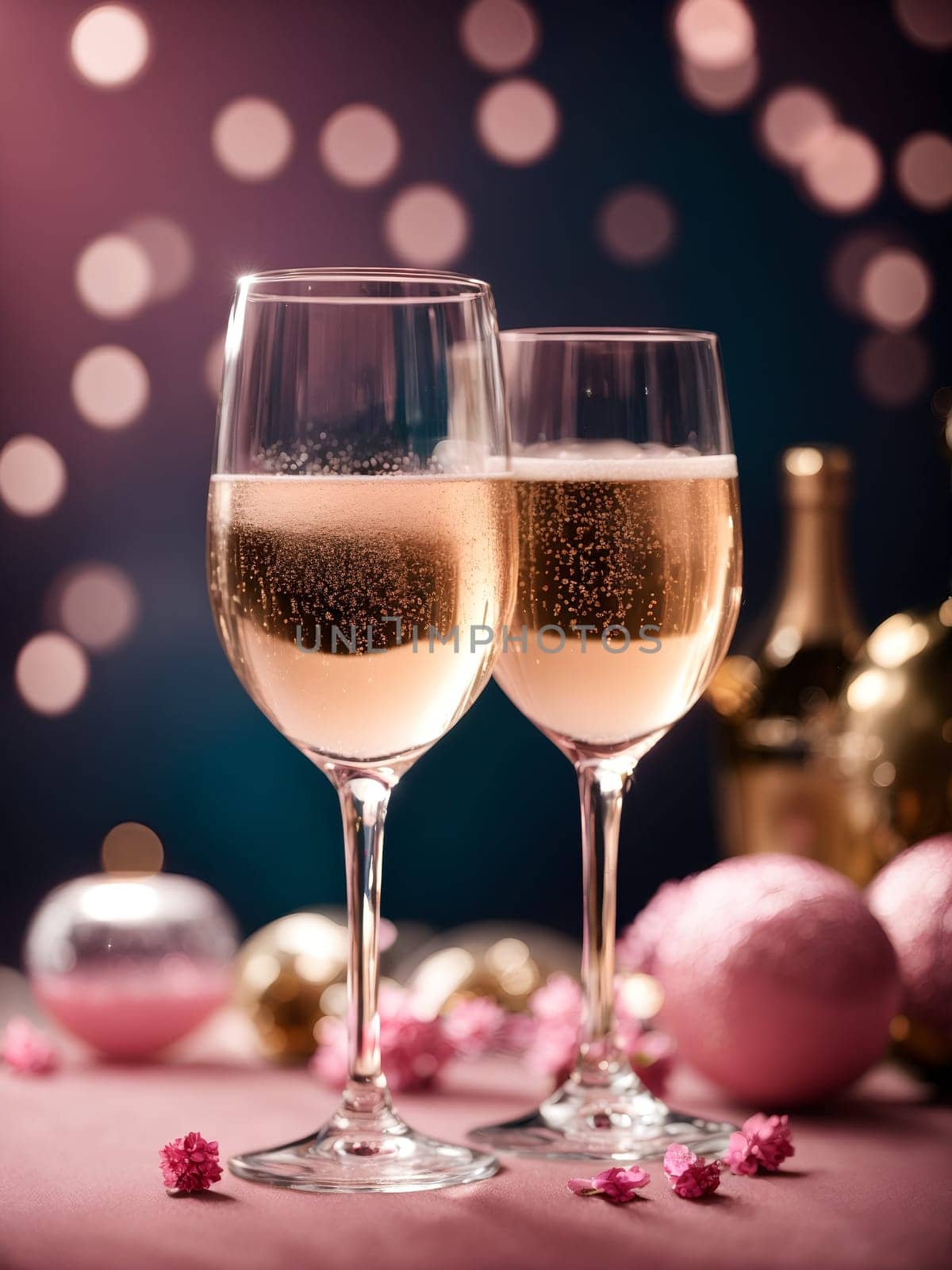 Champagne glasses and pink toys on a pink background