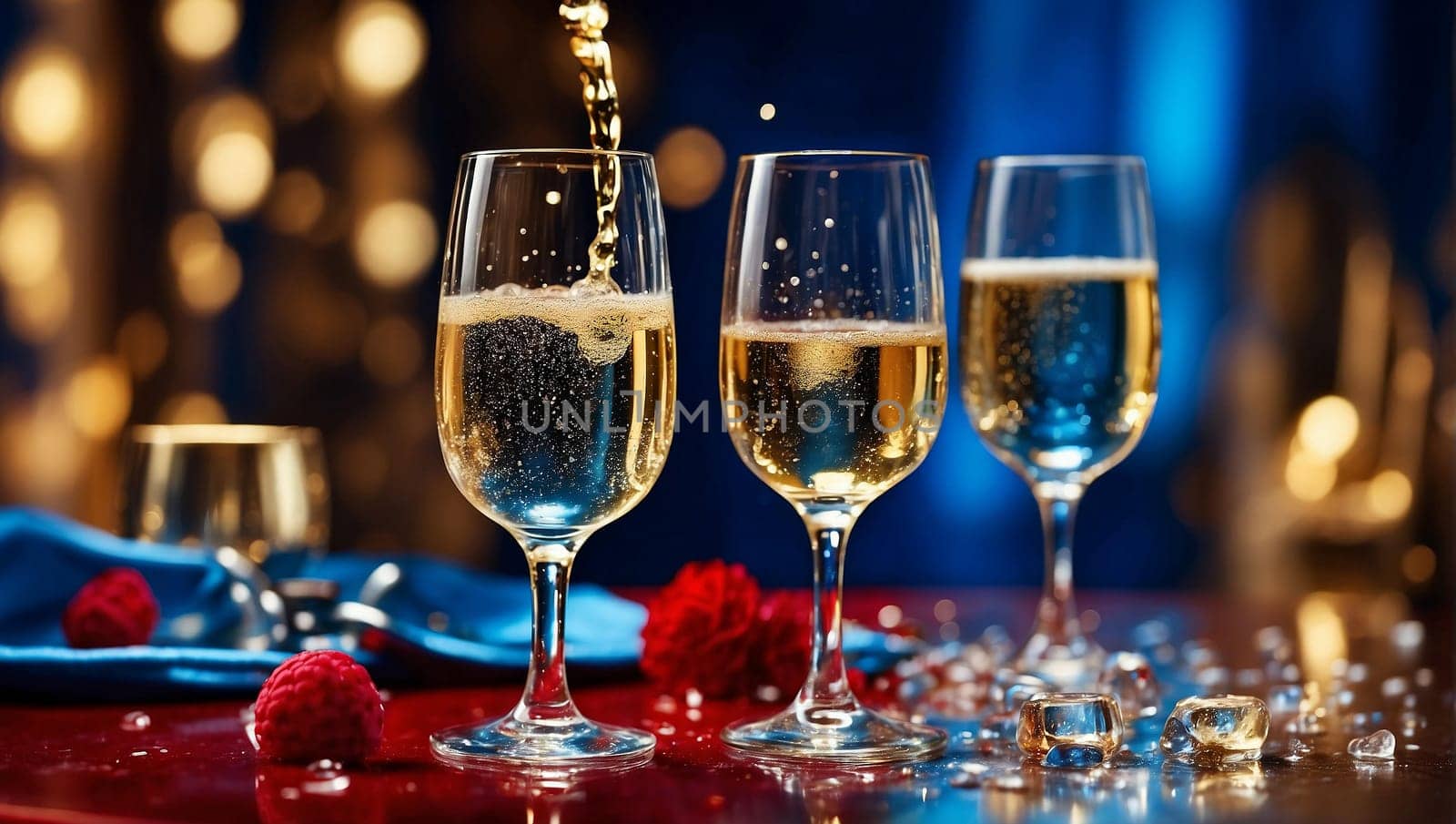 Champagne with ice and berries on a red and blue dark background