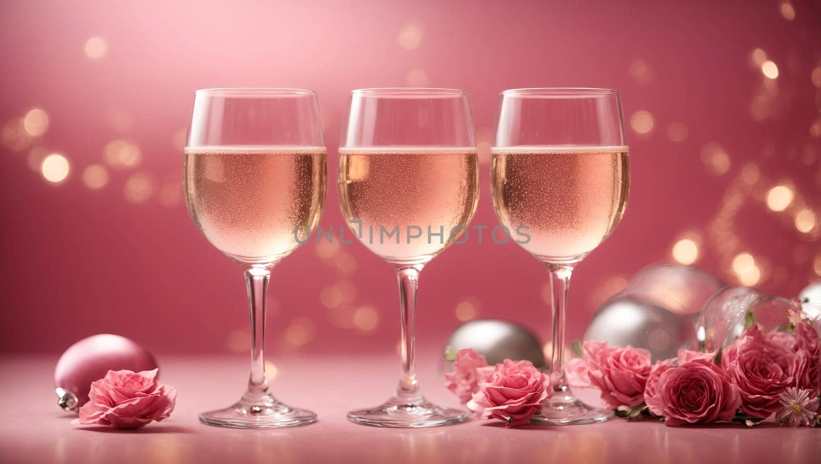 three champagne glasses and rose flowers on a pink background