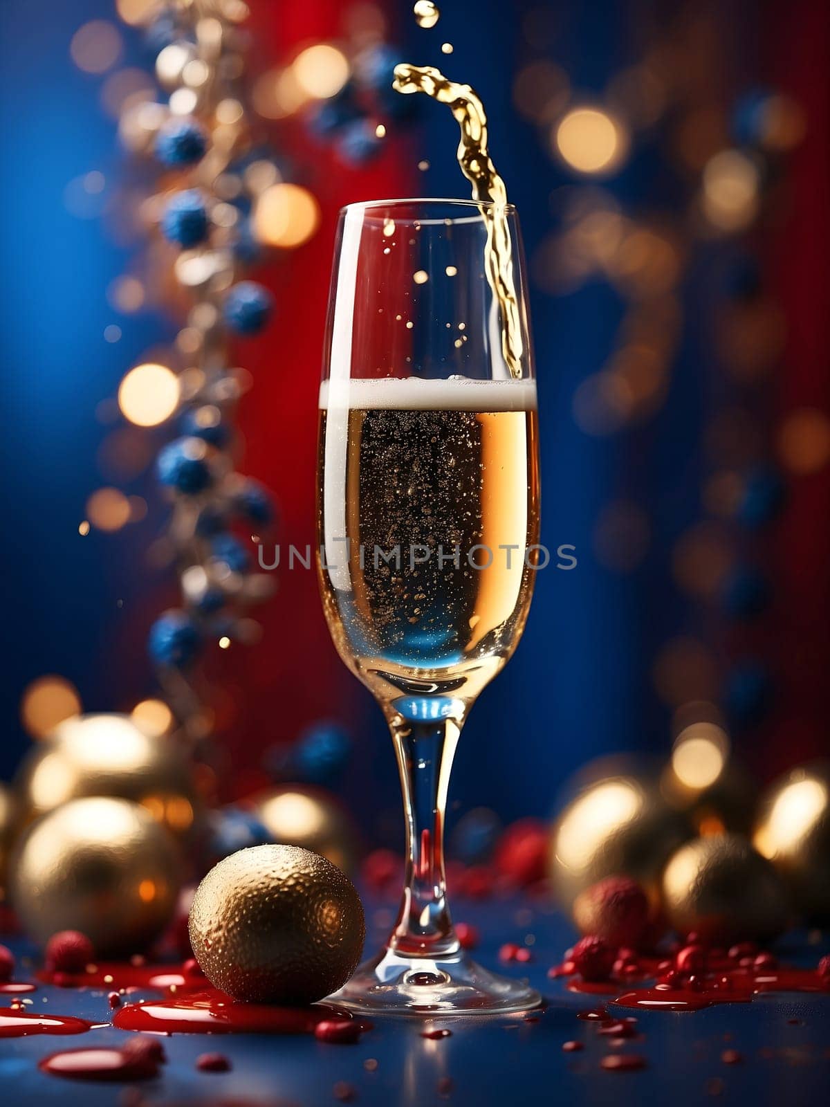 Champagne glass on a dark blue magical background