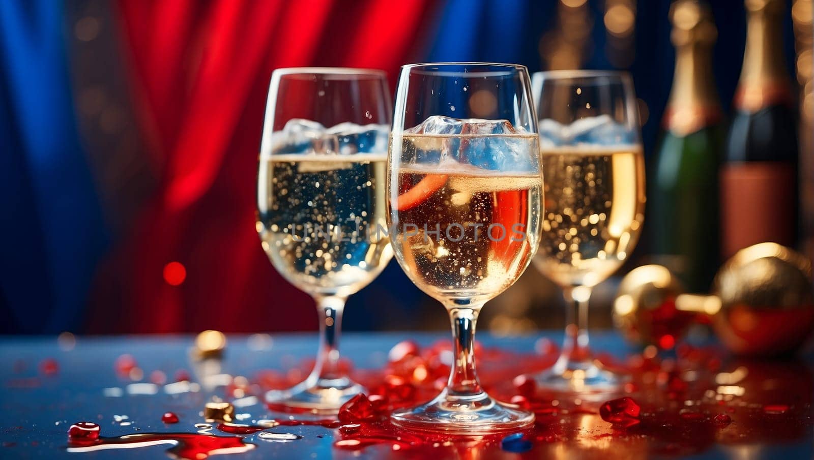 Champagne glasses on a red and blue dark background by Севостьянов