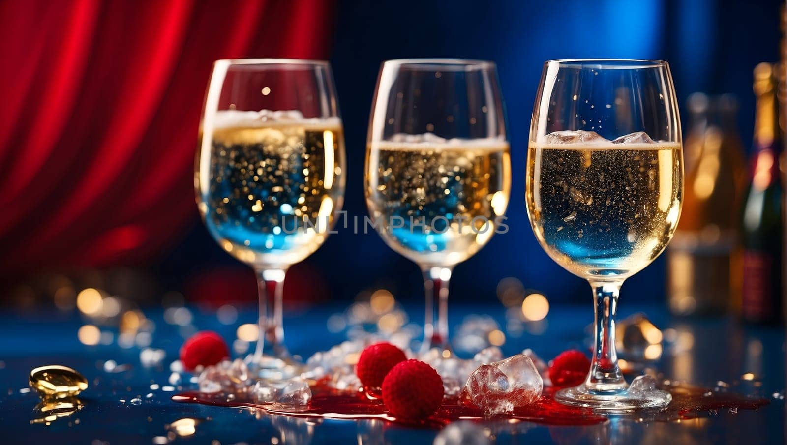 Champagne with ice and berries on a red and blue dark background