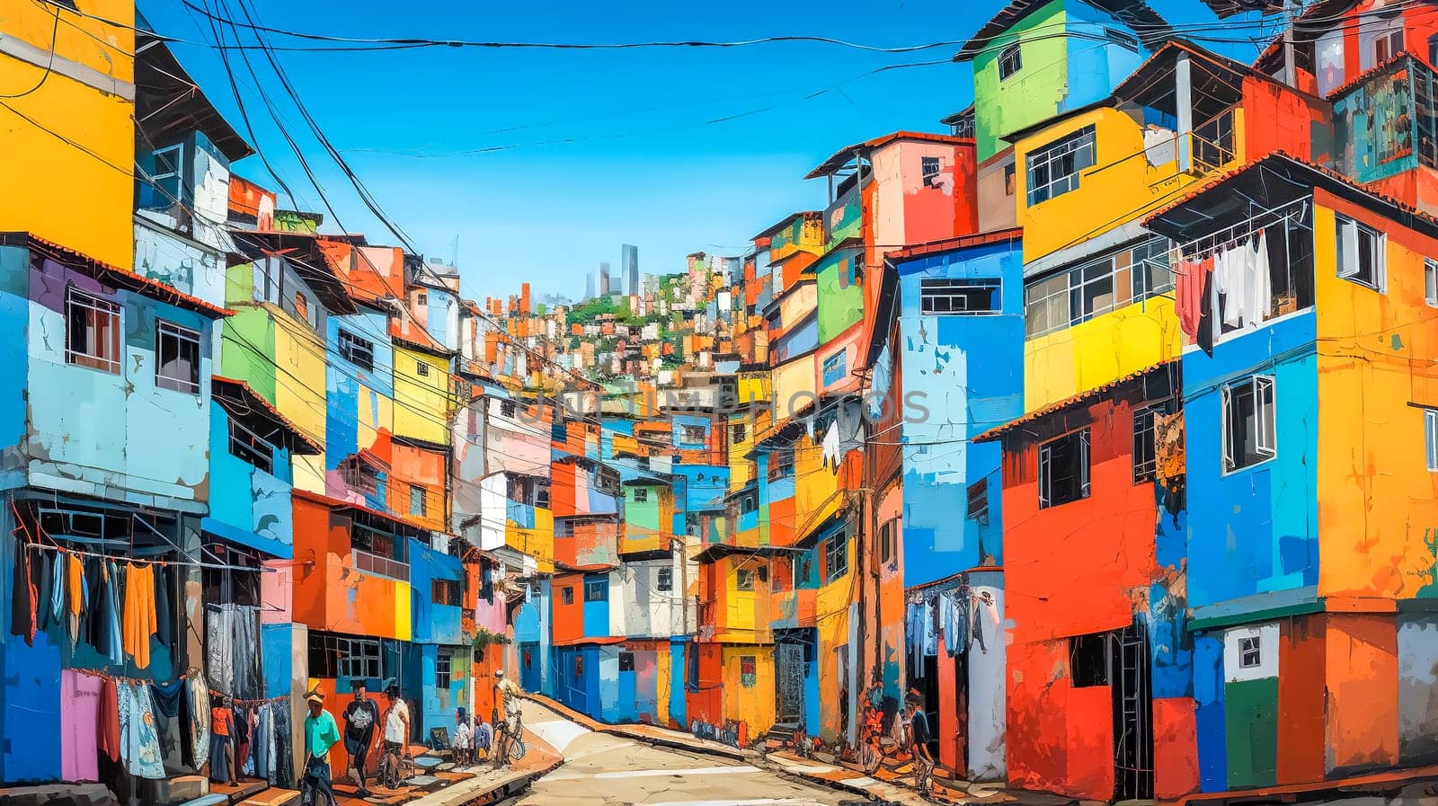 favela, with colorful houses stacked tightly together along a narrow street where residents go about their daily activities, juxtaposing a sprawling cityscape in the distance.