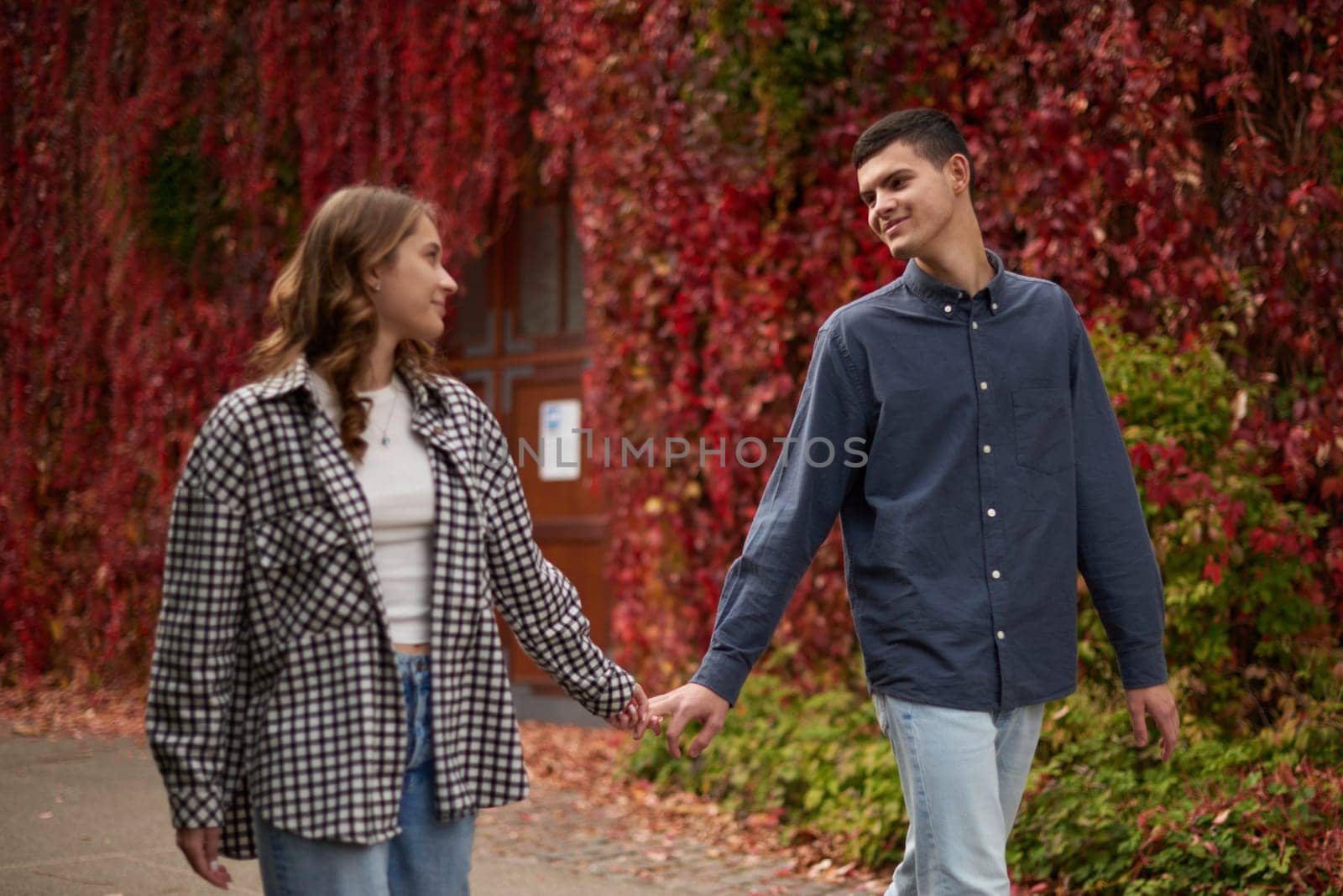 Young Cute Female Hugs Boyfriend. In Autumn Outdoor. Lovers Walking in Park. Attractive Funny Couple. Lovestory in Forest. Man and Woman. Cute Lovers in the Park. Family Concept. Happy Couple.