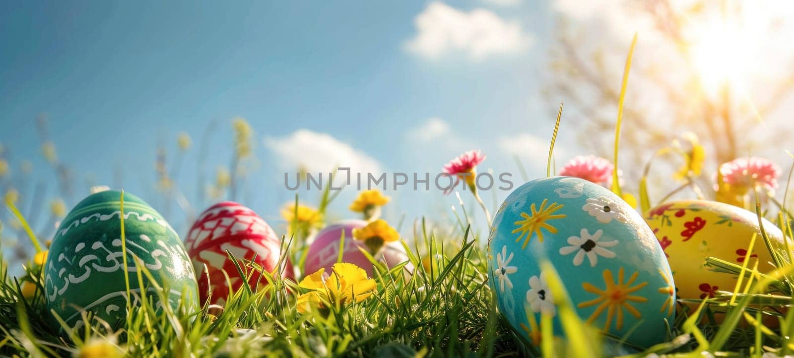 Happy Easter. Decorated Easter eggs on green grass on a sunny spring day. Easter banner with copy space