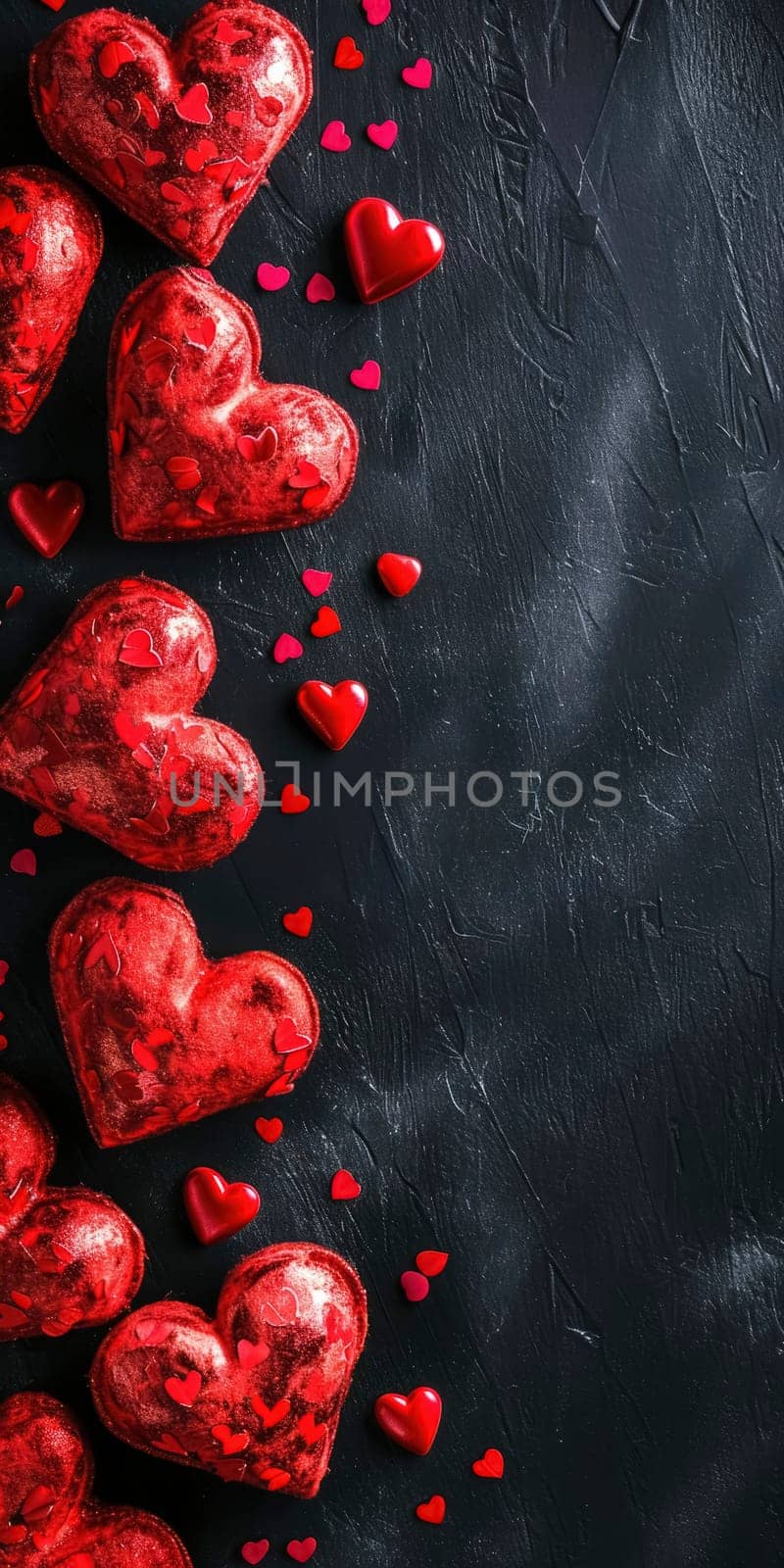 Red hearts on black background. Valentine's Day backdrop. Vertical banner by andreyz