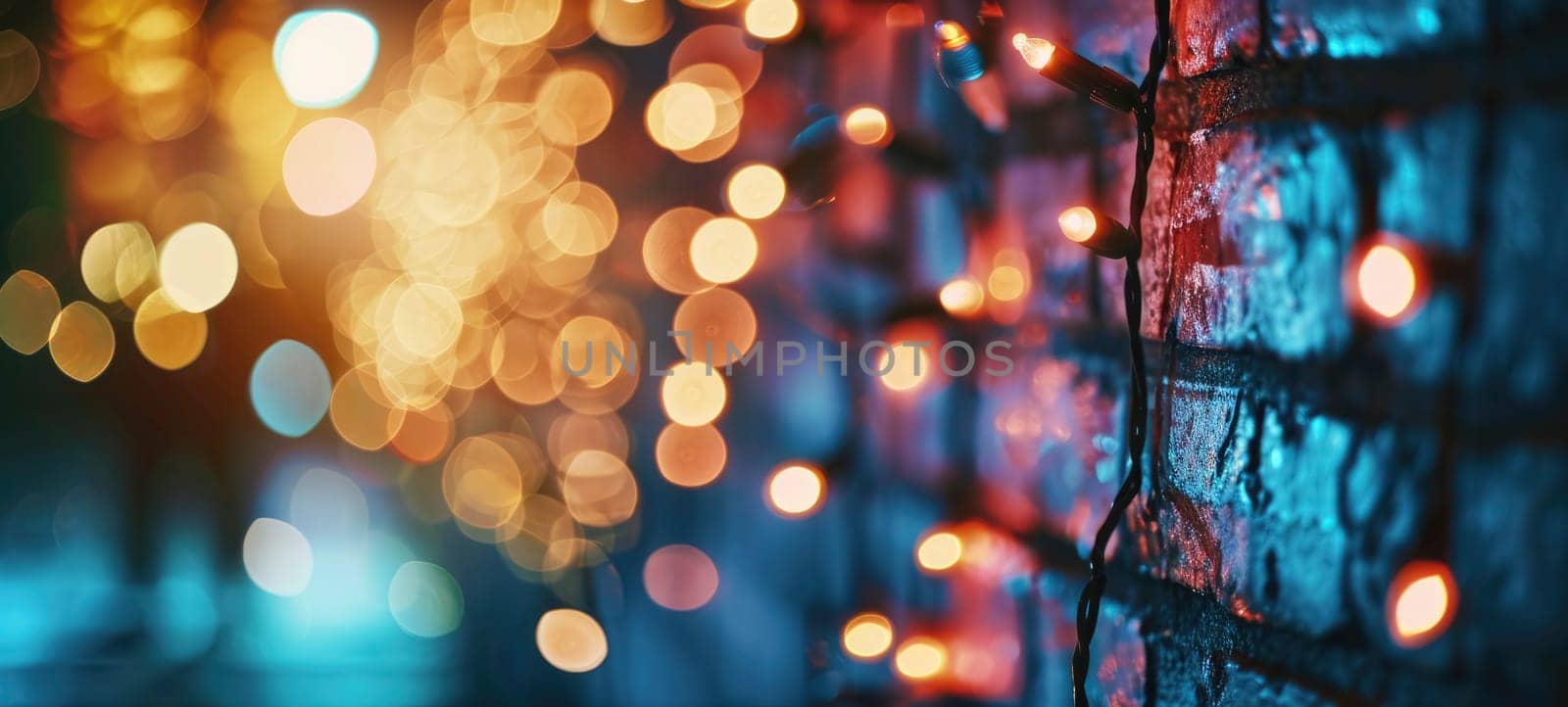 Disco style background with brick wall with neon blue, purple and yellow lights, bokeh.