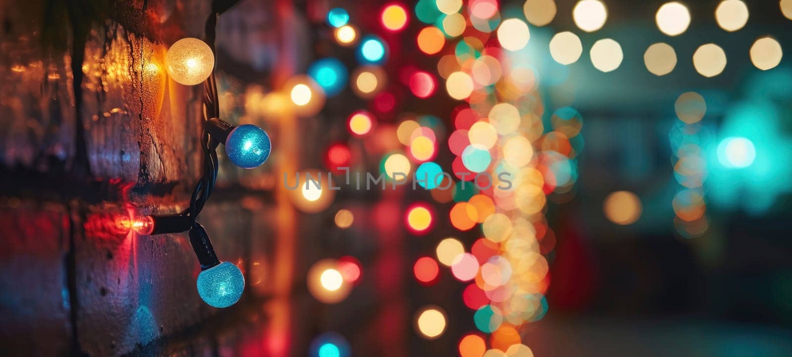 Disco style background with brick wall with neon blue, purple and yellow lights, bokeh.