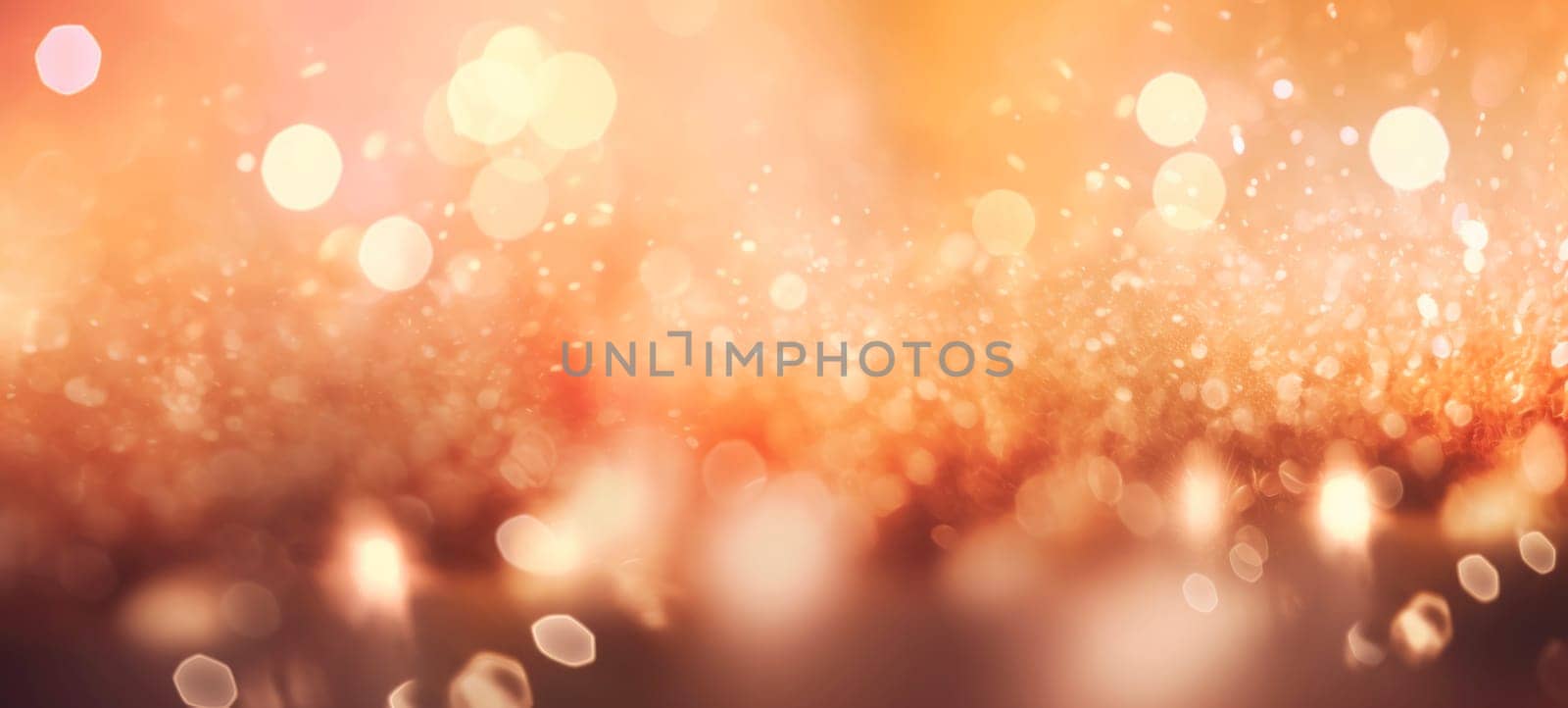 Abstract background with peach fuzz color fireworks, sparkles, shiny bokeh glitter lights. Festive background for card, flyer, invitation, placard, voucher, banner