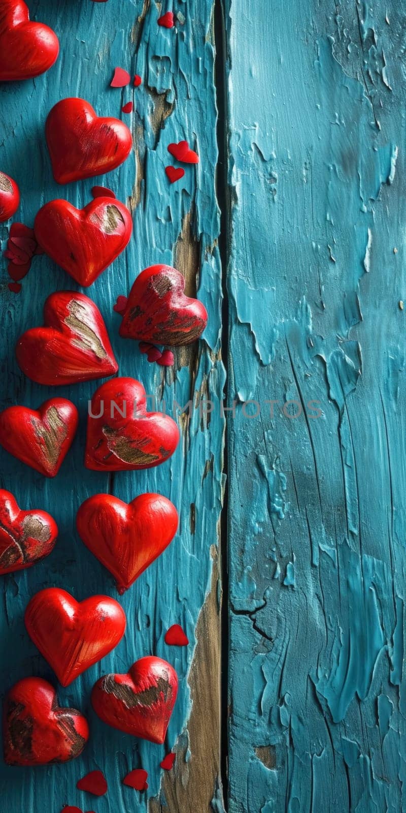 Red hearts on blue wooden background. Valentine's Day backdrop. Vertical banner, voucher or greeting card for smartphone