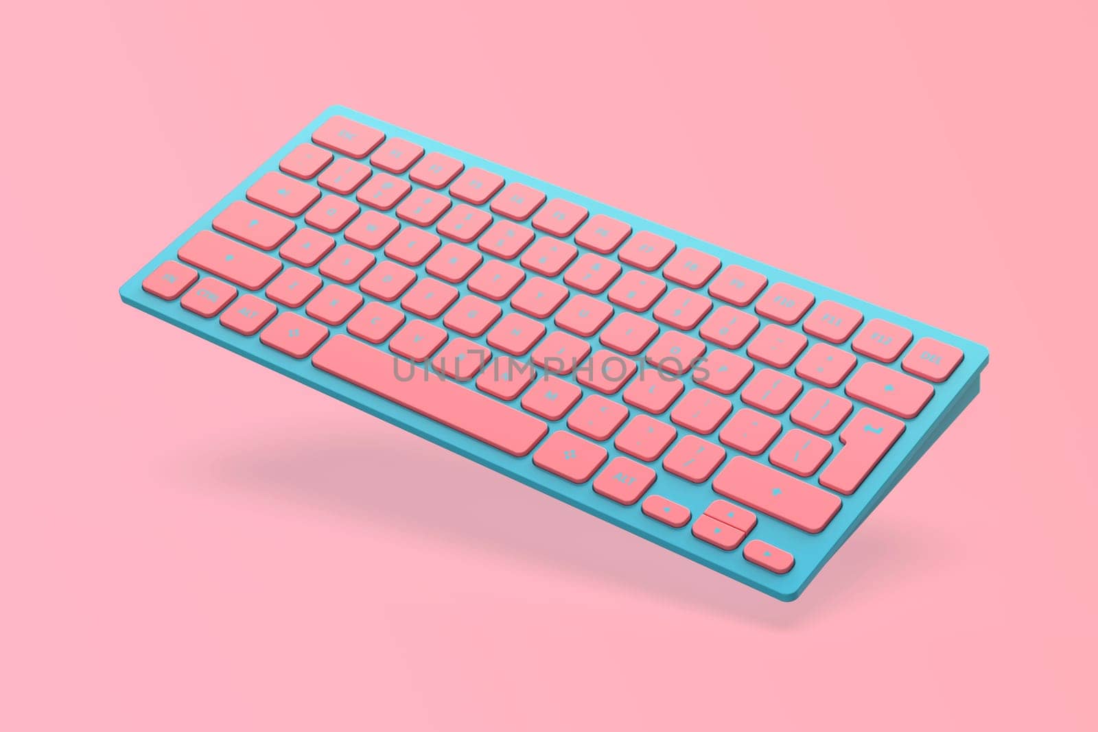 Blue wireless computer keyboard with pink keys on pink background