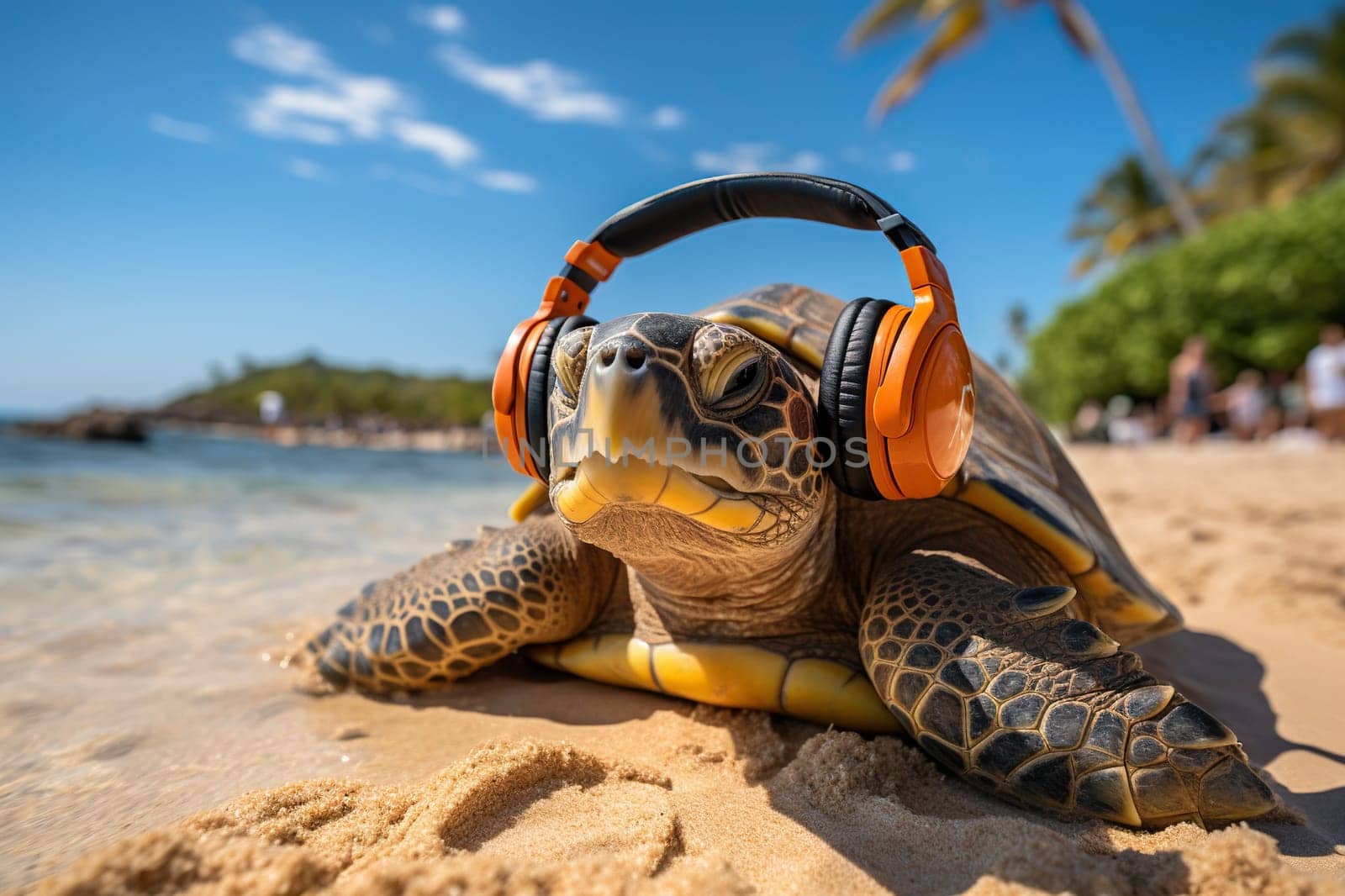 Turtle on the beach wearing large headphones. Vacation concept. Generated by artificial intelligence by Vovmar