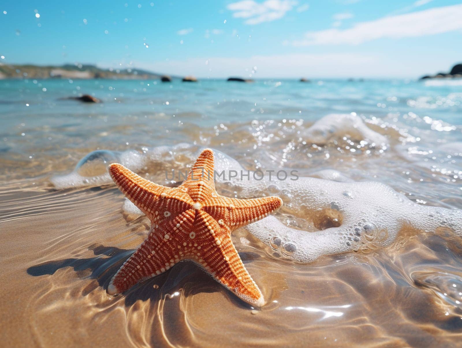 Starfish on the beach in the spray of sea waves. Generated by artificial intelligence by Vovmar
