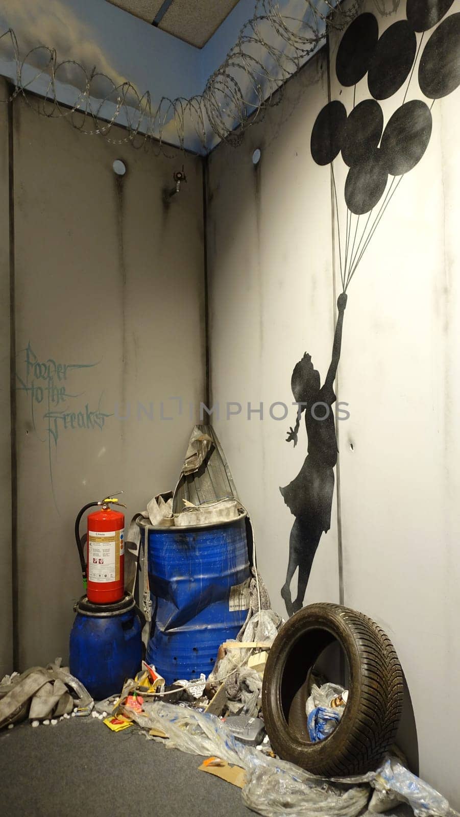 Stockholm, Sweden, December 29 2023. Art exhibition. The mystery of Banksy. A genius mind. Balloons.