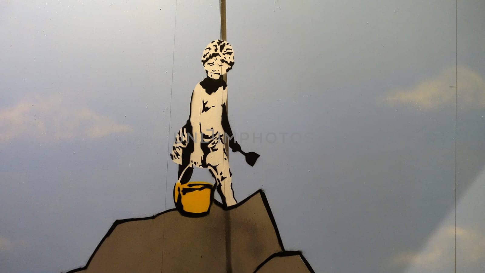 Stockholm, Sweden, December 29 2023. Art exhibition. The mystery of Banksy. A genius mind. Sand.
