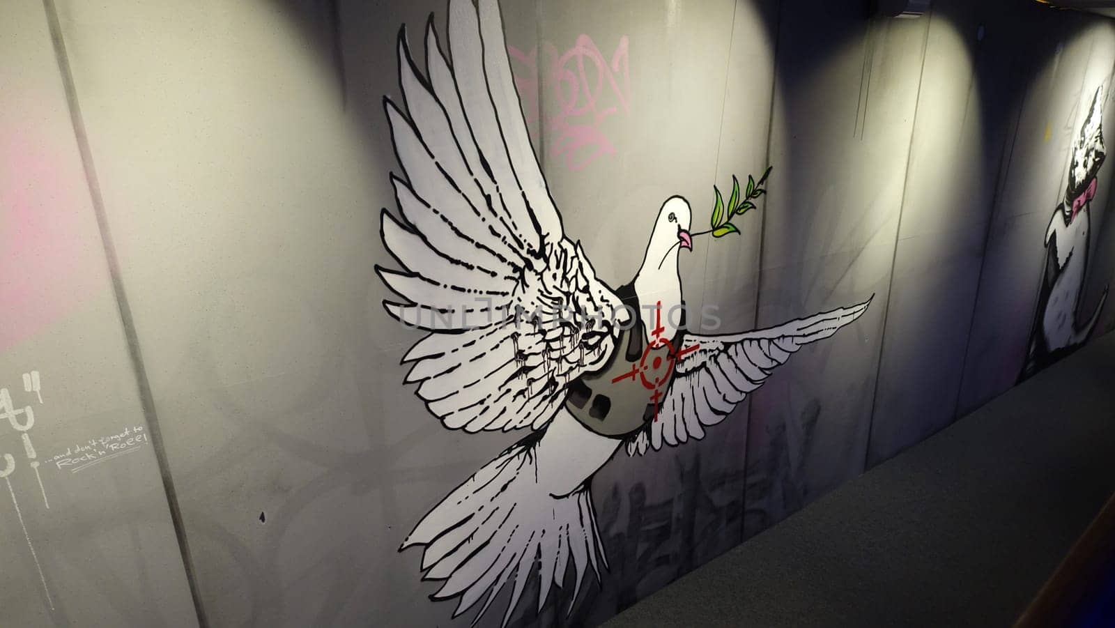 Stockholm, Sweden, December 29 2023. Art exhibition. The mystery of Banksy. A genius mind. Dove.