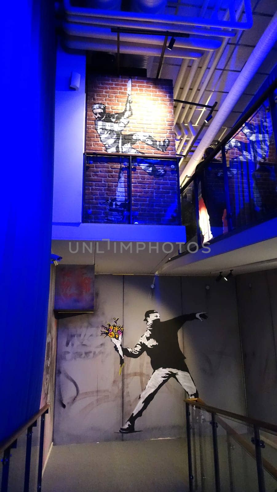 Stockholm, Sweden, December 29 2023. Art exhibition. The mystery of Banksy. A genius mind. Gallery.
