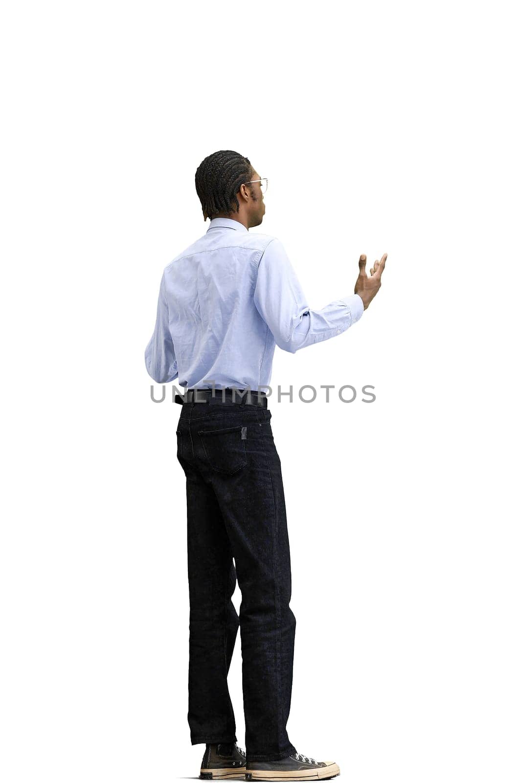 A man in a gray shirt, on a white background, full-length, look at distance by Prosto