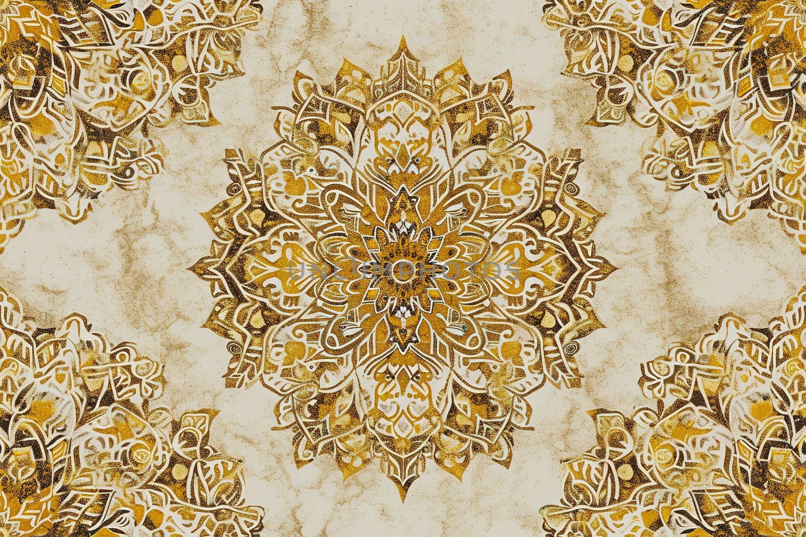 Majestic seamless mandala pattern in gold and beige, radiating ancient elegance, perfect for fabric prints, wallpapers, backgrounds that require a touch of ornate tradition and luxury. Generative AI. by creativebird