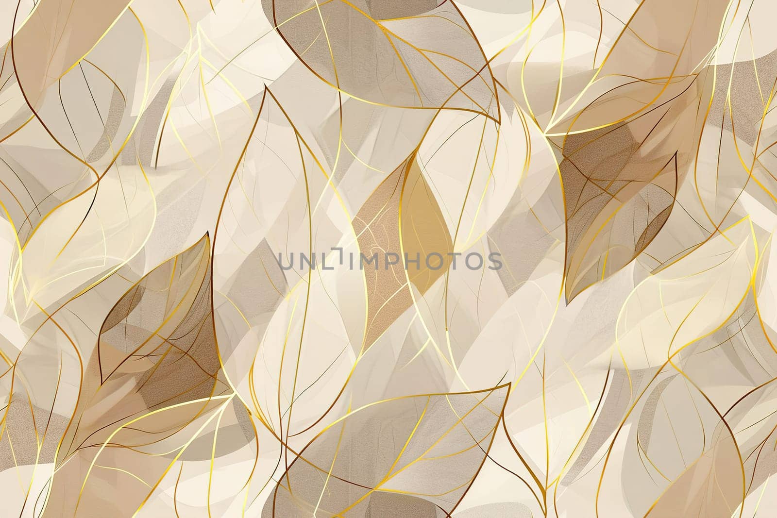 Elegantly designed seamless pattern featuring leaf-like motifs in shades of beige and gold, creating subtle and sophisticated design suitable for wallpaper, textiles, luxury packaging. Generative AI