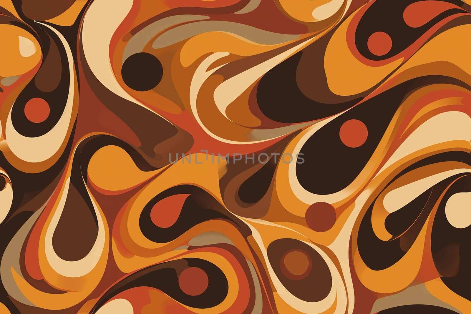 A seamless pattern with a retro vibe, featuring swirls of brown hues, interspersed with bold dots, perfect for various design applications that demand a touch of vintage flair. Generative AI