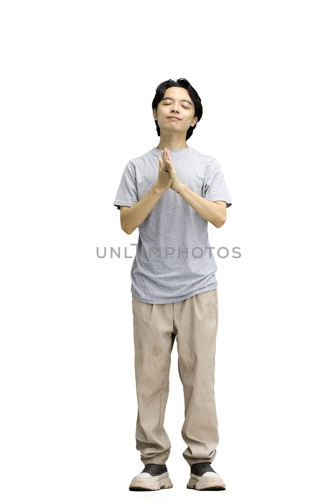 A guy in a gray T-shirt, on a white background, full-length, dreaming by Prosto