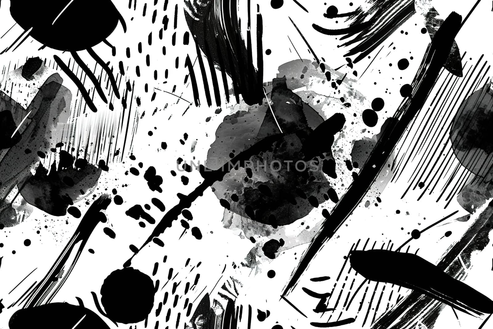 A bold seamless pattern with dramatic black ink brushstrokes and splatters on a white background, suitable for contemporary wallpapers, avant-garde textiles, and graphic prints. Generative AI
