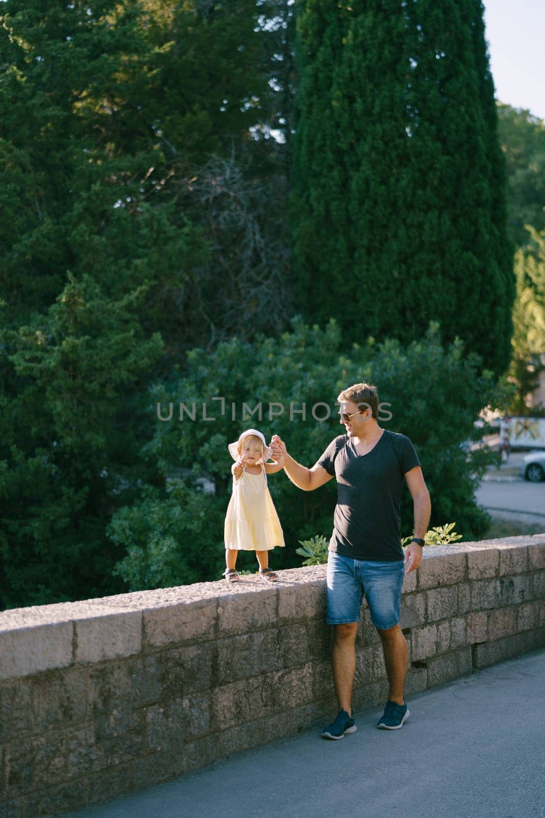 Dad leads a little girl by the hand along a stone fence in the park. High quality photo
