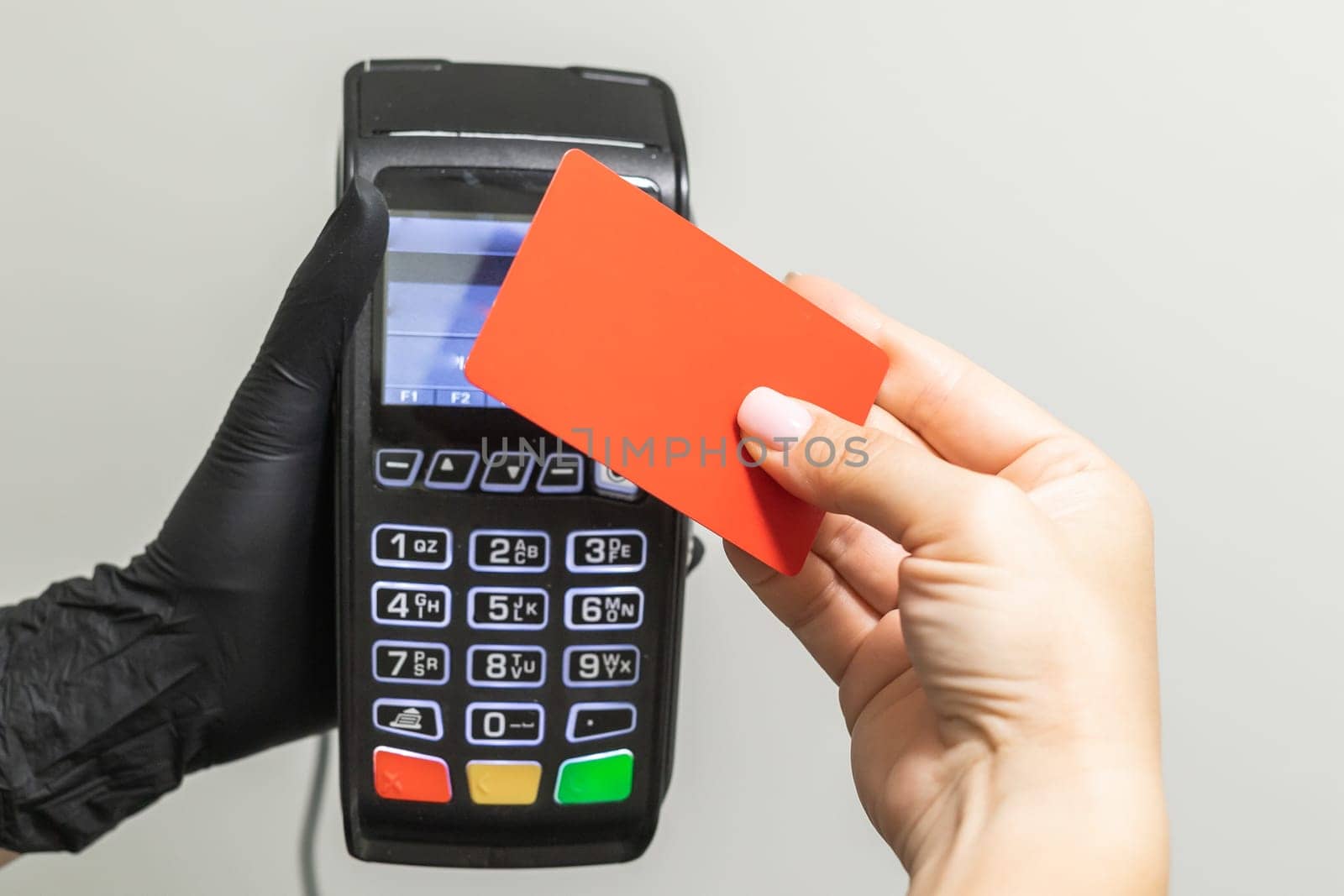 Pay money credit card for spending money with Payment machine. Copy space and empty place for advertising text mock up.