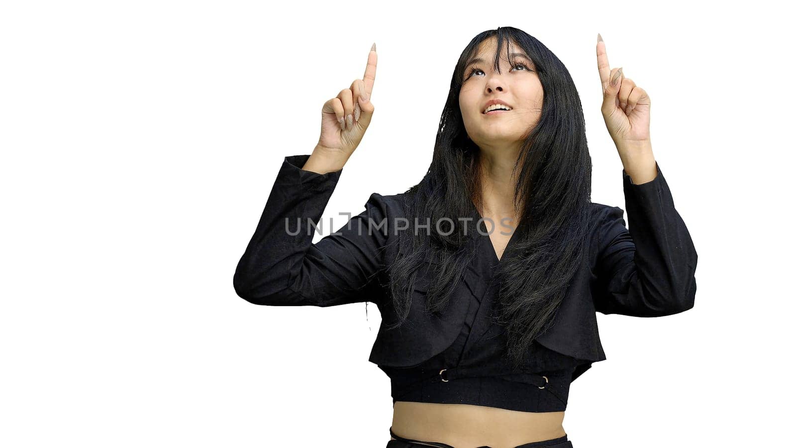 A girl in black clothes, on a white background, close-up, pointing up by Prosto