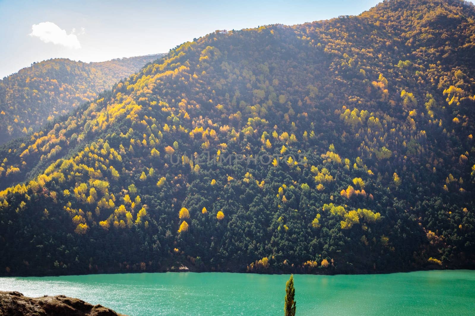 A serene mountain landscape with a beautiful blue reservoir and lush greenery under a clear blue sky, appealing to nature lovers and travel enthusiasts.