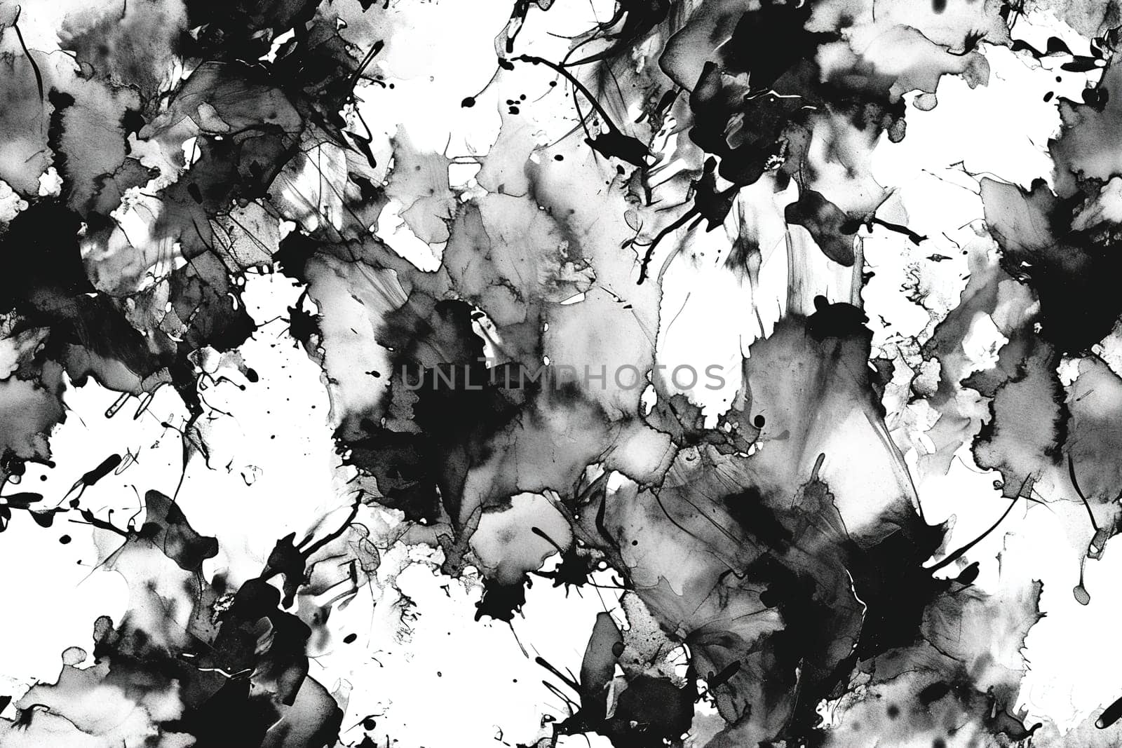 This seamless pattern displays a striking abstract mix of black ink blots and washes on a white backdrop, ideal for creative wallpaper, bold apparel, and impactful stationery. Generative AI