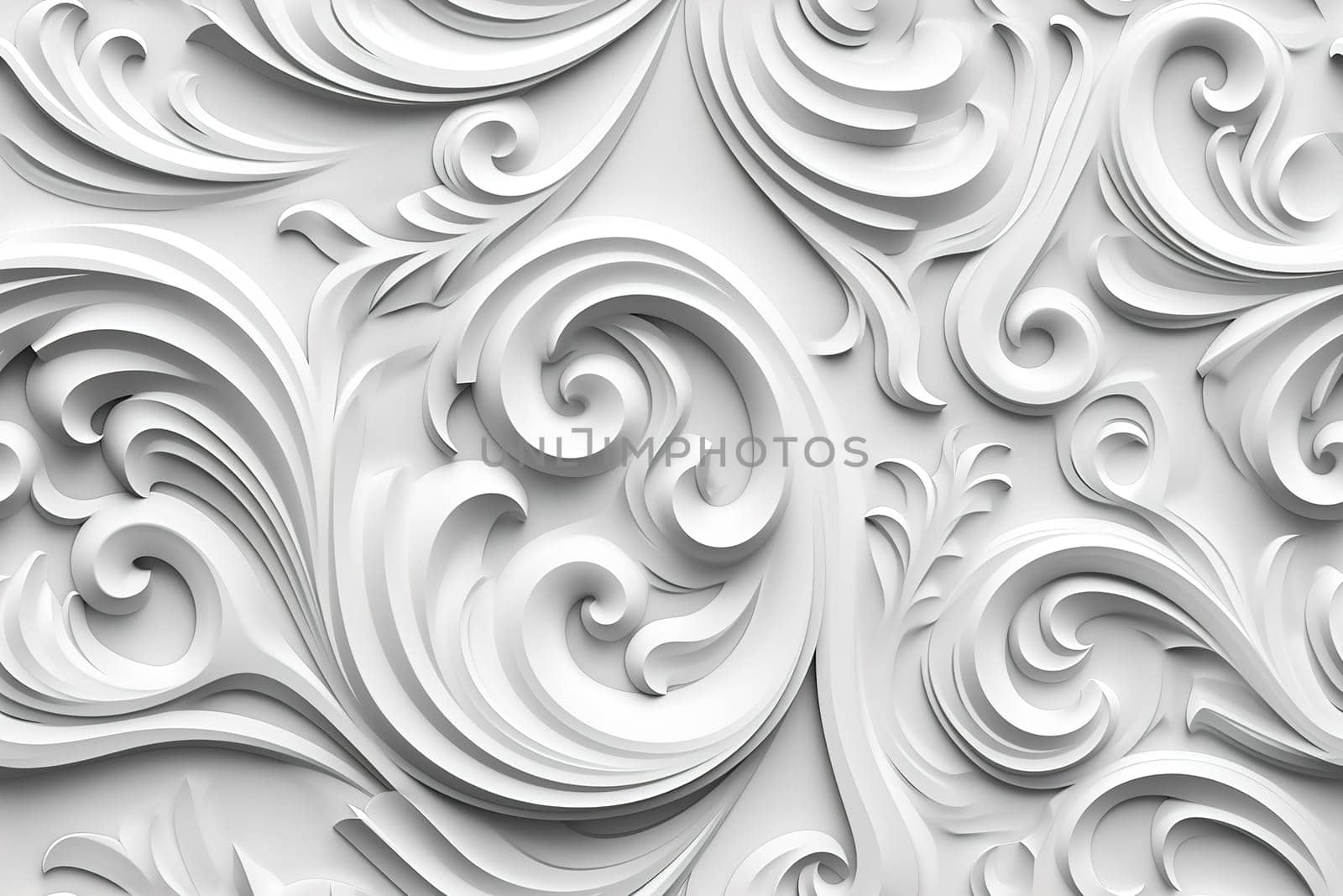 Abstract seamless pattern, white ornaments. Repeatable texture. Perfect for wallpapers, contemporary textiles, packaging. Generative AI