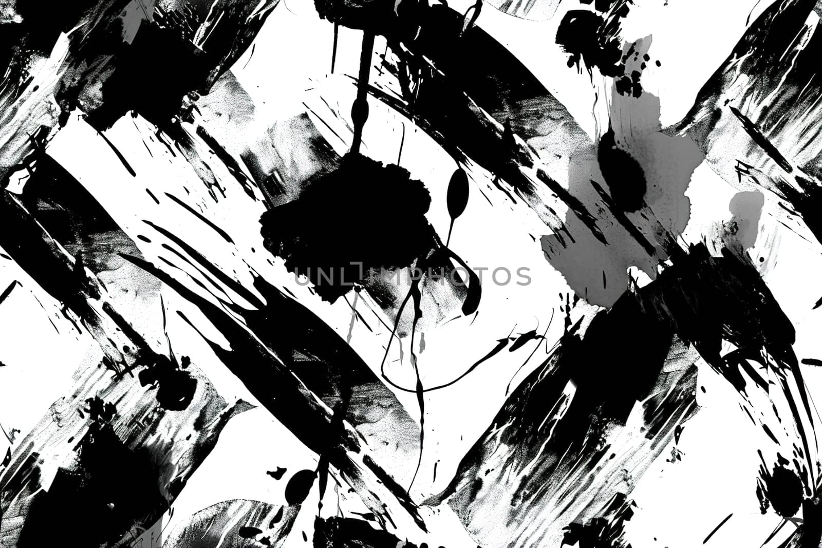 A bold seamless pattern with dramatic black ink brushstrokes and splatters on a white background, suitable for contemporary wallpapers, avant-garde textiles, and graphic prints. Generative AI