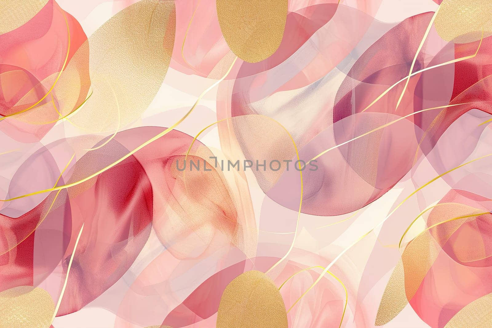 A seamless pattern with soft pink and golden shapes, overlaid with elegant curves, creating a delicate and luxurious design ideal for stylish textiles, elegant packaging. Generative AI