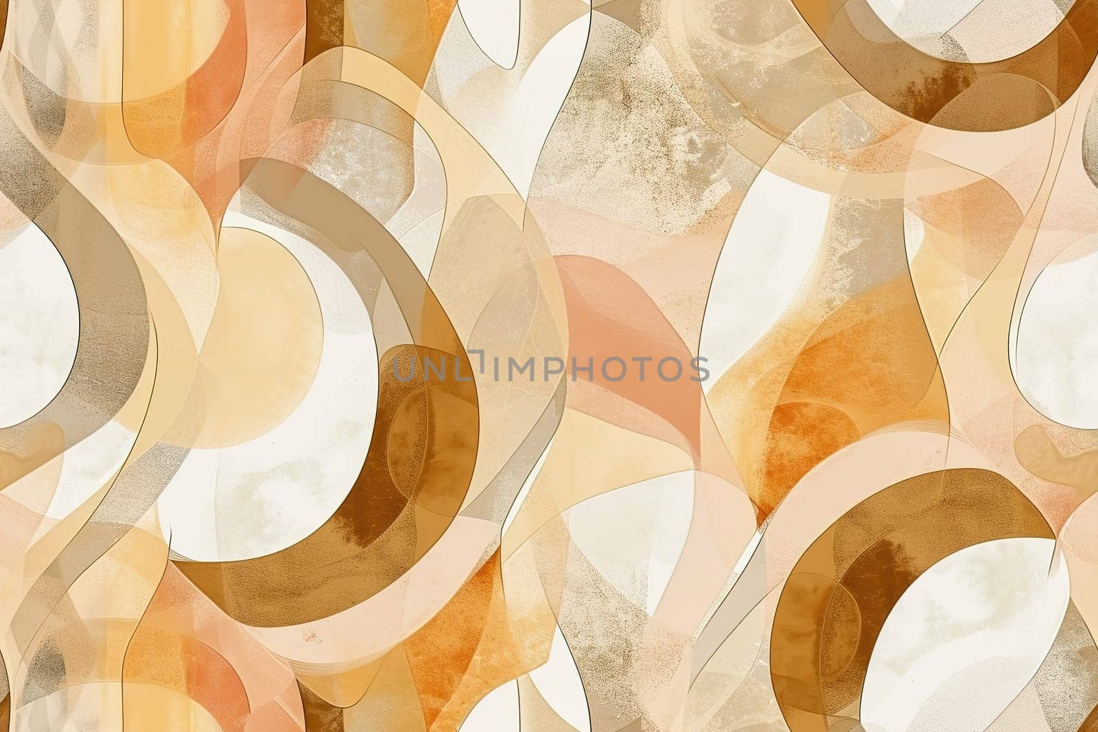 Seamless pattern composed of abstract shapes in warm palette of beige, cream and golden hues. Perfect for high-end wallpaper designs, sophisticated textile prints, elegant packaging. Generative AI